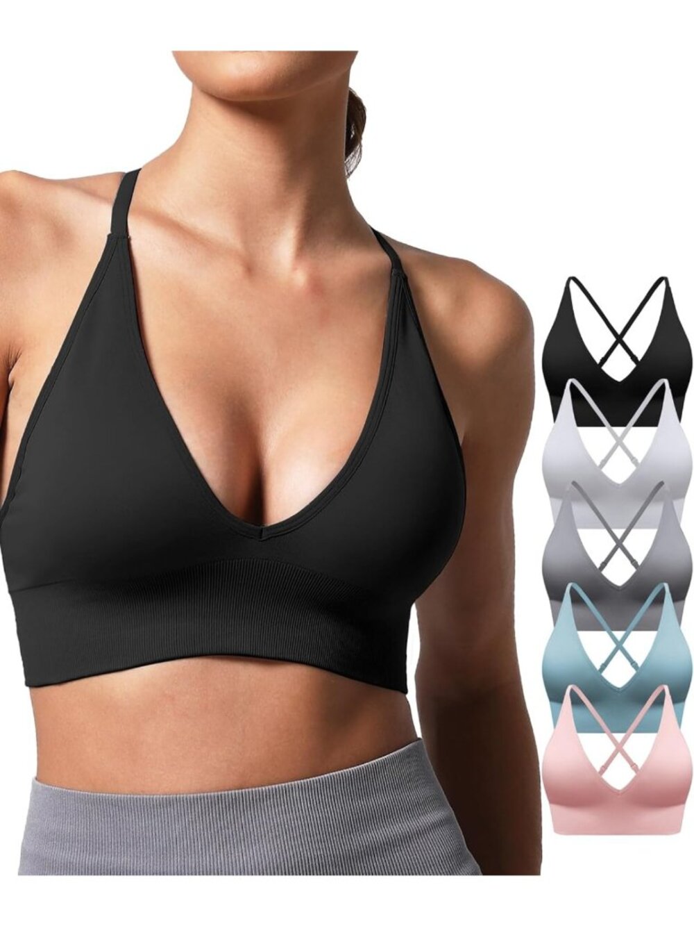 V Neck Adjustable Spaghetti Strap Sports Bra, Padded Criss Cross Back Yoga Crop